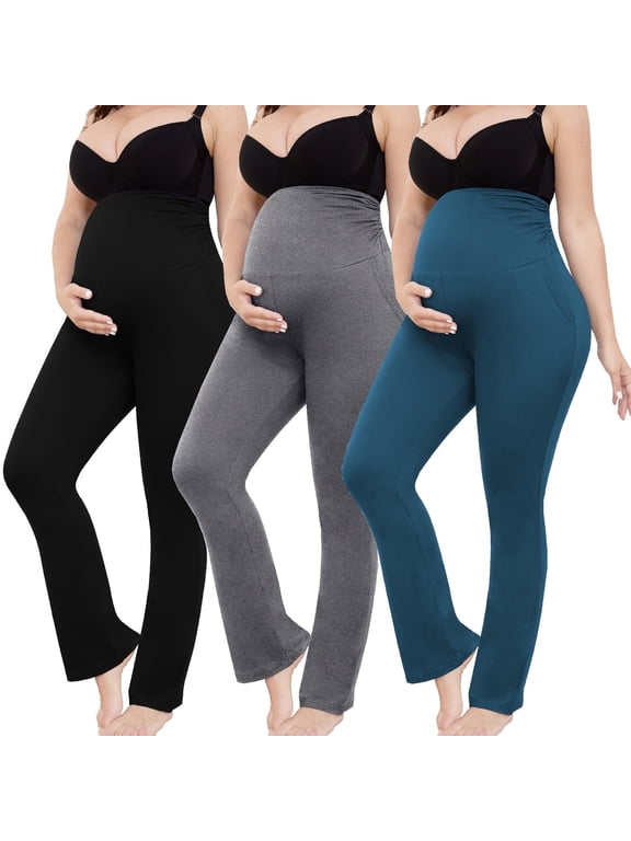 Women's Plus Size Maternity Leggings over Belly Pregnancy Yoga Pants Active Wear Workout Pants with Pocket 3-Pack