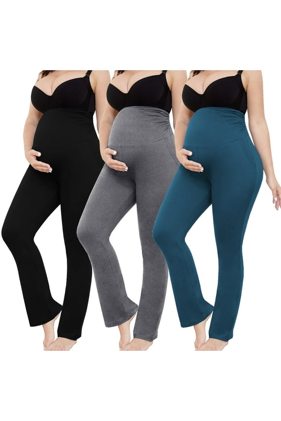 Women's Plus Size Maternity Leggings over Belly Pregnancy Yoga Pants Active Wear Workout Pants with Pocket 3-Pack