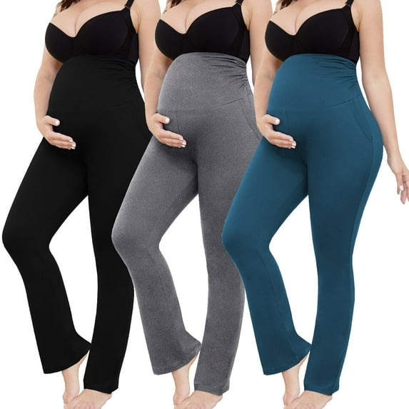 Bearsland Women's Plus Size Maternity Leggings over Belly Pregnancy Yoga Pants Active Wear Workout Pants with Pocket 3-Pack