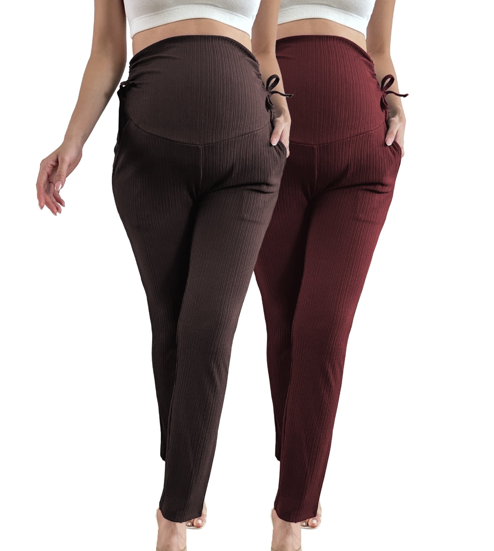 Bearsland Women's Plus Size Maternity Pants Drawstring Maternity Leggings Over The Belly Stretchy Straight Pregnancy Pants with Pockets 2-Pack