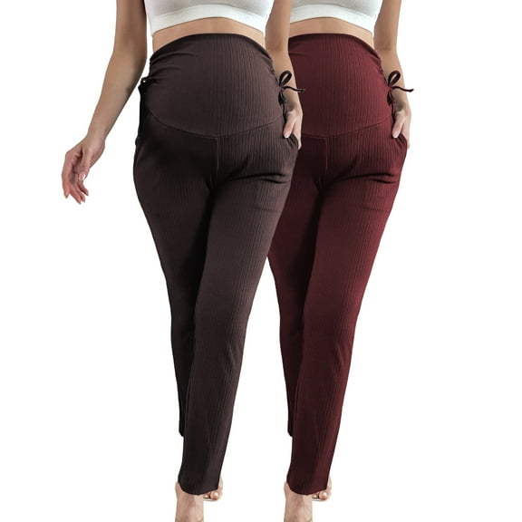 Bearsland Women's Plus Size Maternity Pants Drawstring Maternity Leggings Over The Belly Stretchy Straight Pregnancy Pants with Pockets 2-Pack