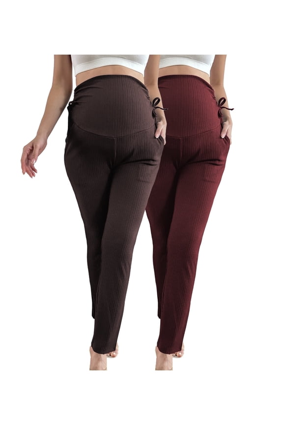 Women's Plus Size Maternity Pants Drawstring Maternity Leggings Over The Belly Stretchy Straight Pregnancy Pants with Pockets 2-Pack