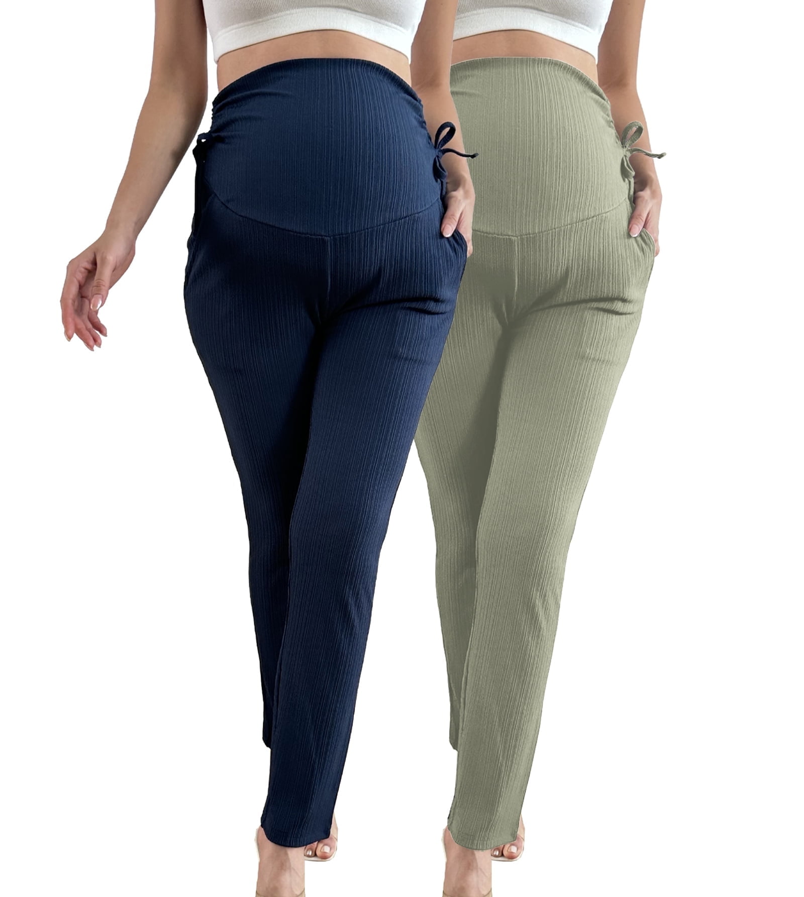 Bearsland Women's Plus Size Maternity Pants Drawstring Maternity Leggings Over The Belly Stretchy Straight Pregnancy Pants with Pockets 2-Pack