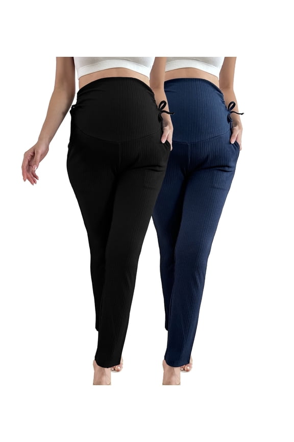 Women's Plus Size Maternity Pants Drawstring Maternity Leggings Over The Belly Stretchy Straight Pregnancy Pants with Pockets 2-Pack