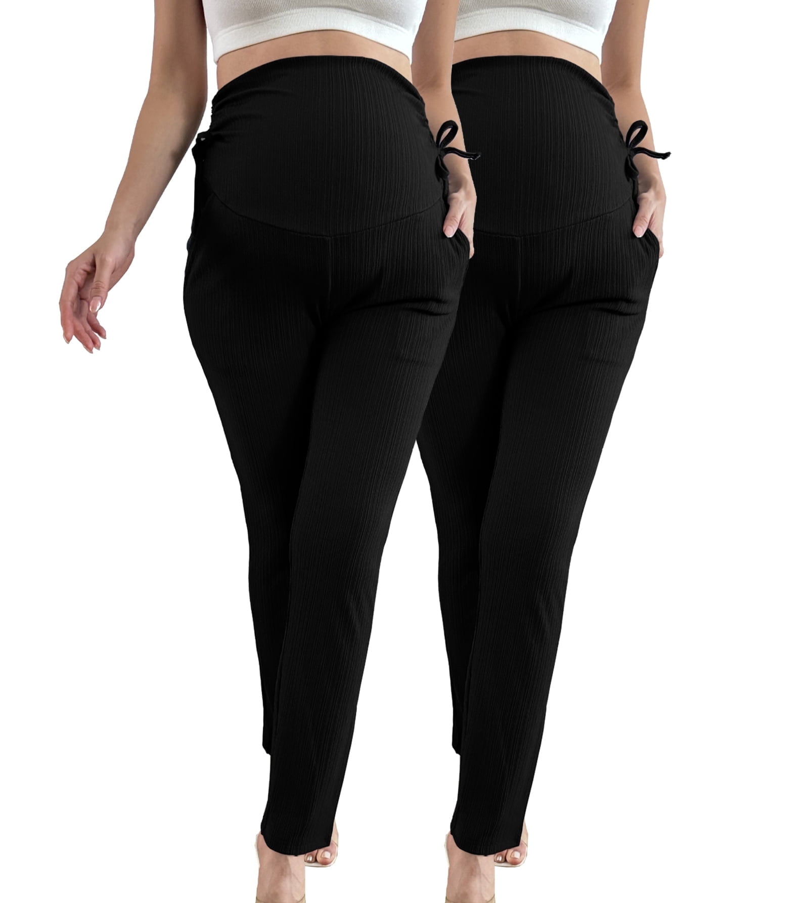 Bearsland Women's Plus Size Maternity Pants Drawstring Maternity Leggings Over The Belly Stretchy Straight Pregnancy Pants with Pockets 2-Pack