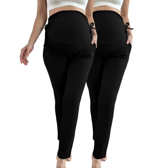 Bearsland Women's Plus Size Maternity Pants Drawstring Maternity Leggings Over The Belly Stretchy Straight Pregnancy Pants with Pockets 2-Pack