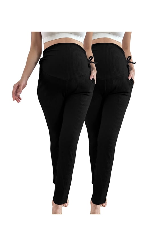 Women's Plus Size Maternity Pants Drawstring Maternity Leggings Over The Belly Stretchy Straight Pregnancy Pants with Pockets 2-Pack