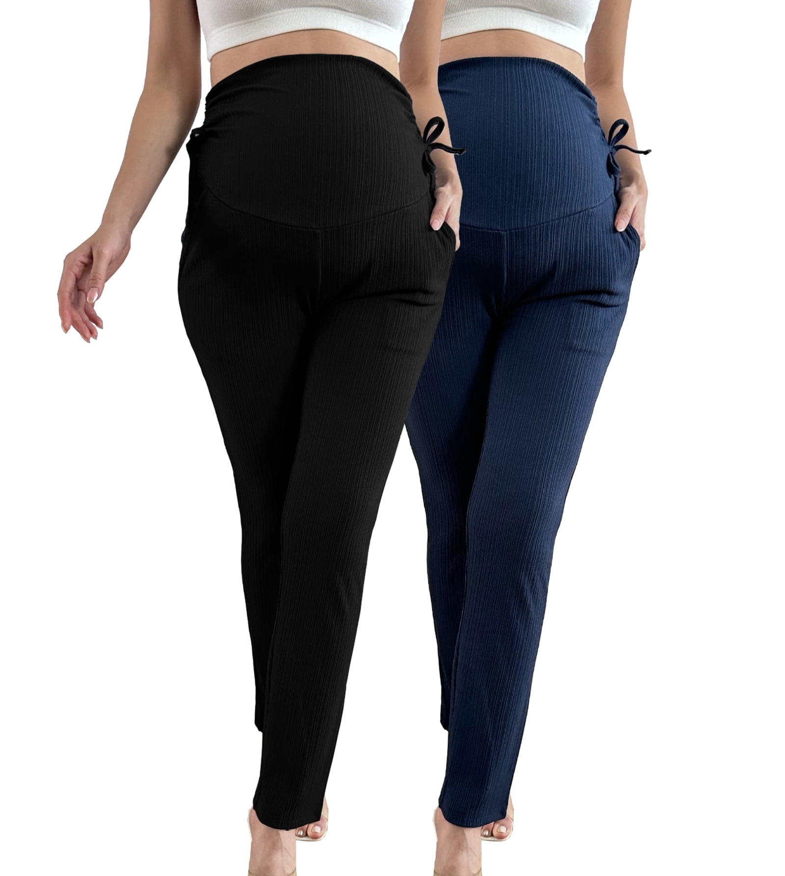 Bearsland Women's Plus Size Maternity Pants Drawstring Maternity Leggings Over The Belly Stretchy Straight Pregnancy Pants with Pockets 2-Pack