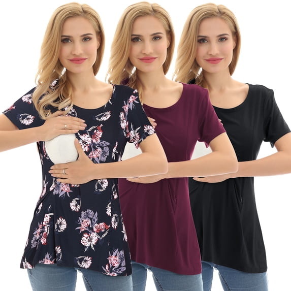 Bearsland Women's Plus Size Short Sleeve Maternity Nursing Shirt Breastfeeding Top Blouse 3-Pack