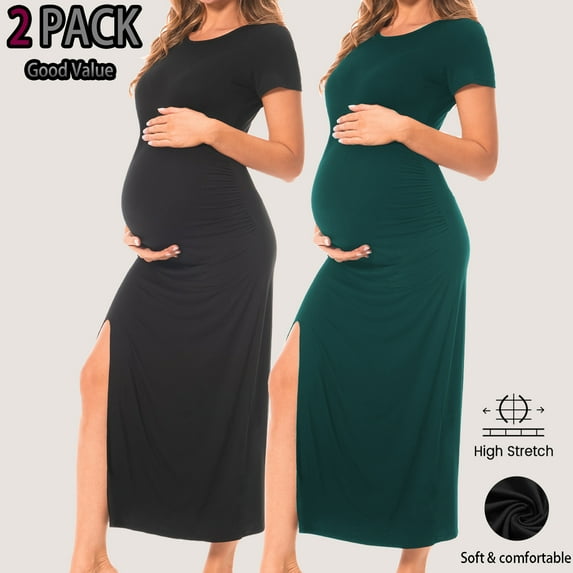 Bearsland Women's Short Sleeve Maternity Dress Ruched Split Pregnancy Maxi Dresses 2-Pack