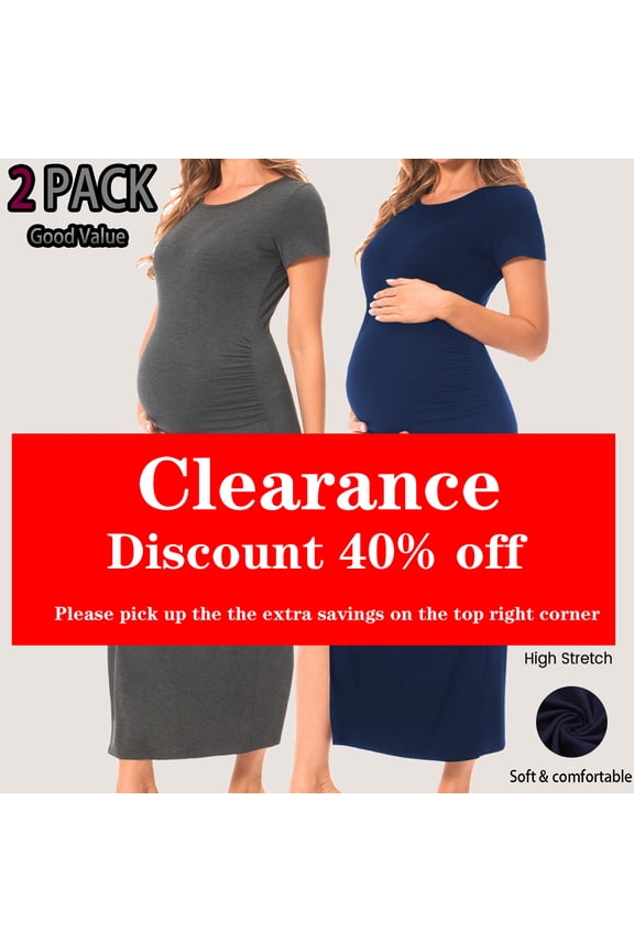 Women's Short Sleeve Maternity Dress Ruched Split Pregnancy Maxi Dresses 2-Pack