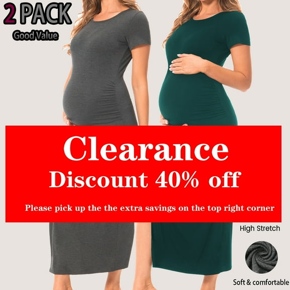 Bearsland Women's Short Sleeve Maternity Dress Ruched Split Pregnancy Maxi Dresses 2-Pack