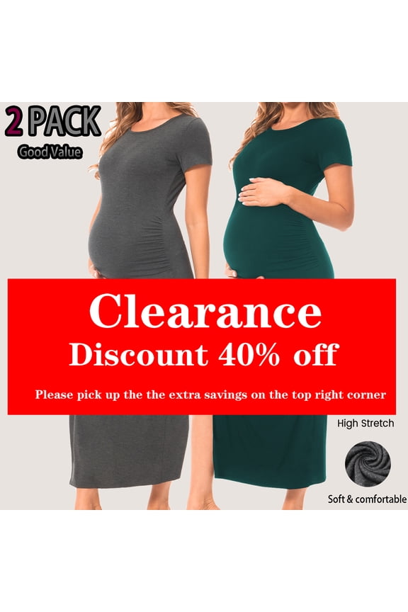 Women's Short Sleeve Maternity Dress Ruched Split Pregnancy Maxi Dresses 2-Pack