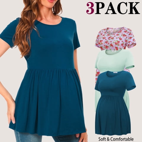 Bearsland Women's Short Sleeve Maternity Shirts Tops Pregnancy Clothes 3-Pack