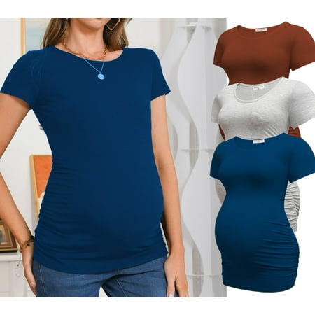 Bearsland Women's Short Sleeve Maternity Tops Side Ruched Tunic T-Shirts Pregnancy Clothes