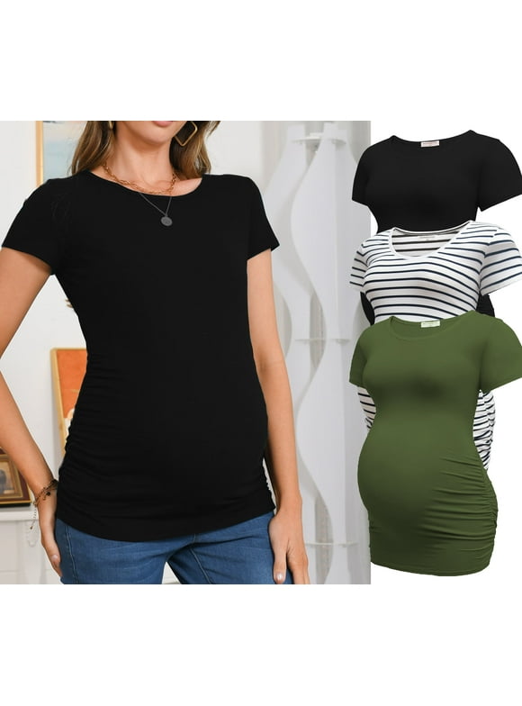 Women's Short Sleeve Maternity Tops Side Ruched Tunic T-Shirts Pregnancy Clothes
