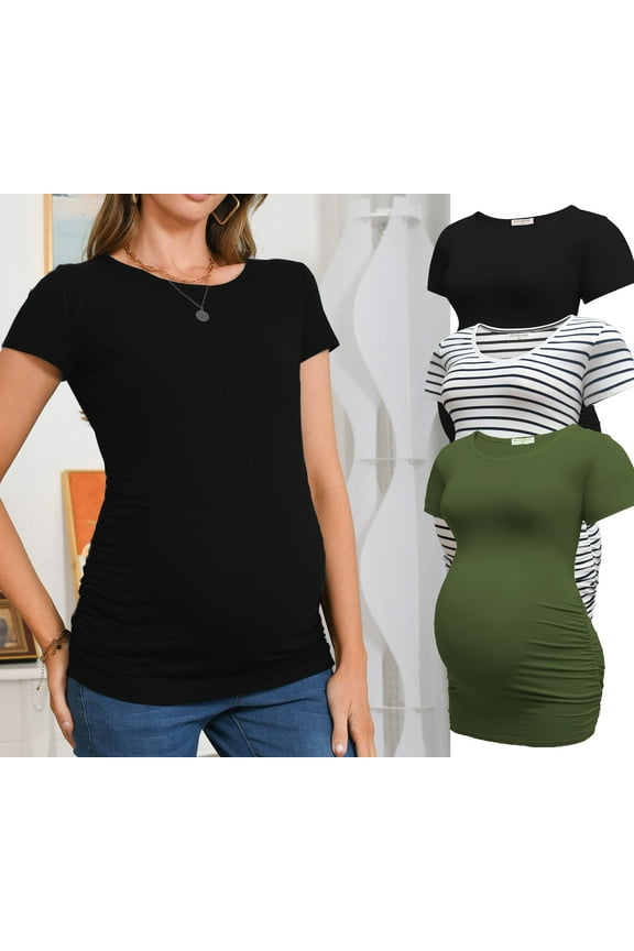 Women's Short Sleeve Maternity Tops Side Ruched Tunic T-Shirts Pregnancy Clothes