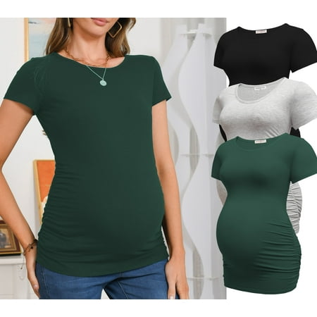 Bearsland Women's Short Sleeve Maternity Tops Side Ruched Tunic T-Shirts Pregnancy Clothes