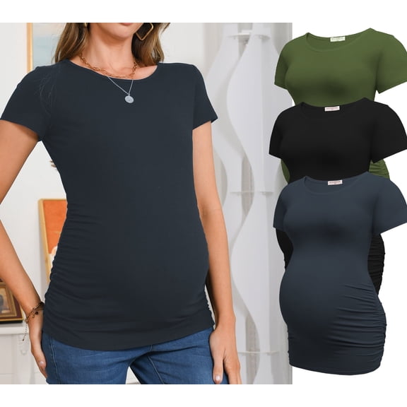 Bearsland Women's Short Sleeve Maternity Tops Side Ruched Tunic T-Shirts Pregnancy Clothes