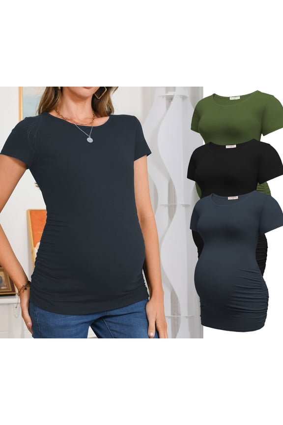 Women's Short Sleeve Maternity Tops Side Ruched Tunic T-Shirts Pregnancy Clothes