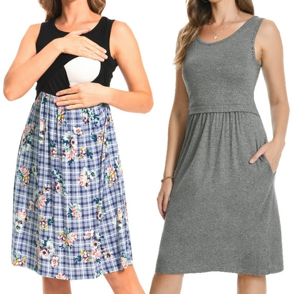 Bearsland Women’s Sleeveless Maternity Nursing Dress Breastfeeding Pregnancy Clothes With Pockets 2-Pack