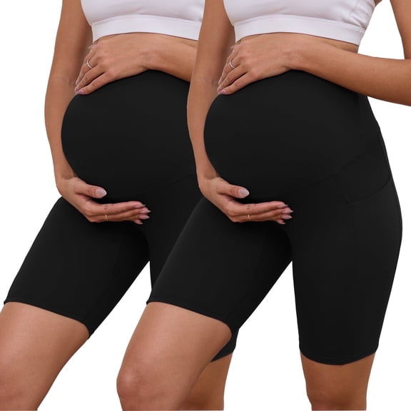 Bearsland Women's Plus Size Butterluxe Maternity Shorts over The Belly Pregnancy Yoga Shorts Workout Athletic Biker Shorts 2-Pack