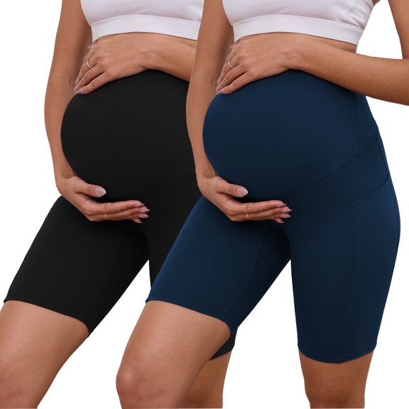 Bearsland Women's Plus Size Butterluxe Maternity Shorts over The Belly Pregnancy Yoga Shorts Workout Athletic Biker Shorts 2-Pack