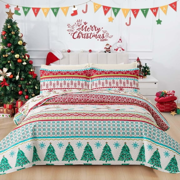 Beartech 3 piece Christmas Quilt Set Twin Size Christmas Bedding Set Xmas Decor Gift Microfiber Quilts Cover Soft Holiday Bedding Bedspread Set with 1 Quilt & 2 Pillowshams