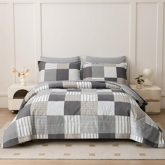 Beartech 7 Piece Comforter Set-Coffee Black Plaid Luxury Soft Bed Set,Reversible Patchwork Queen Size Bedding Set for All Season,Bed in a Bag with Down Alternative Comforter,Sheet,Pillowcases & Shams