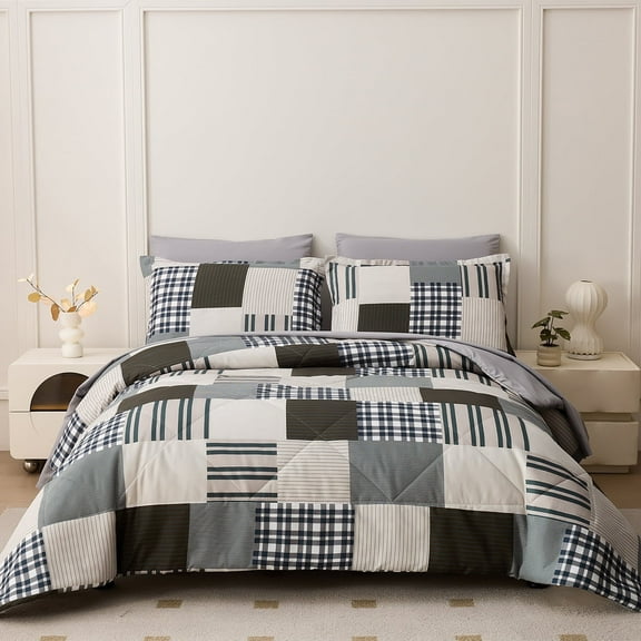 Beartech 7 Piece Comforter Set-Coffee Blue Plaid Luxury Soft Bed Set,Reversible Patchwork Queen Size Bedding Set for All Season,Bed in a Bag with Down Alternative Comforter,Sheets,Pillowcases & Shams