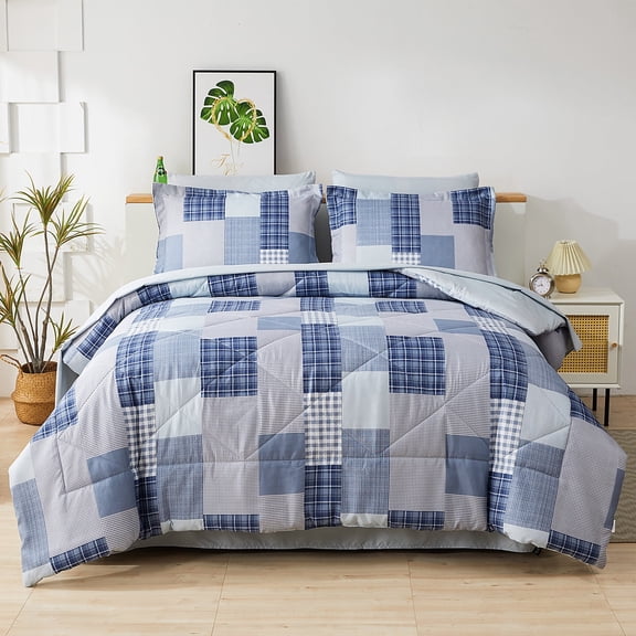 Beartech 7 Piece Comforter Set-Blue White Plaid Luxury Soft Bed Set,Reversible Patchwork King Size Bedding Set for All Season,Bed in a Bag with Down Alternative Comforter,Sheets,Pillowcases & Shams