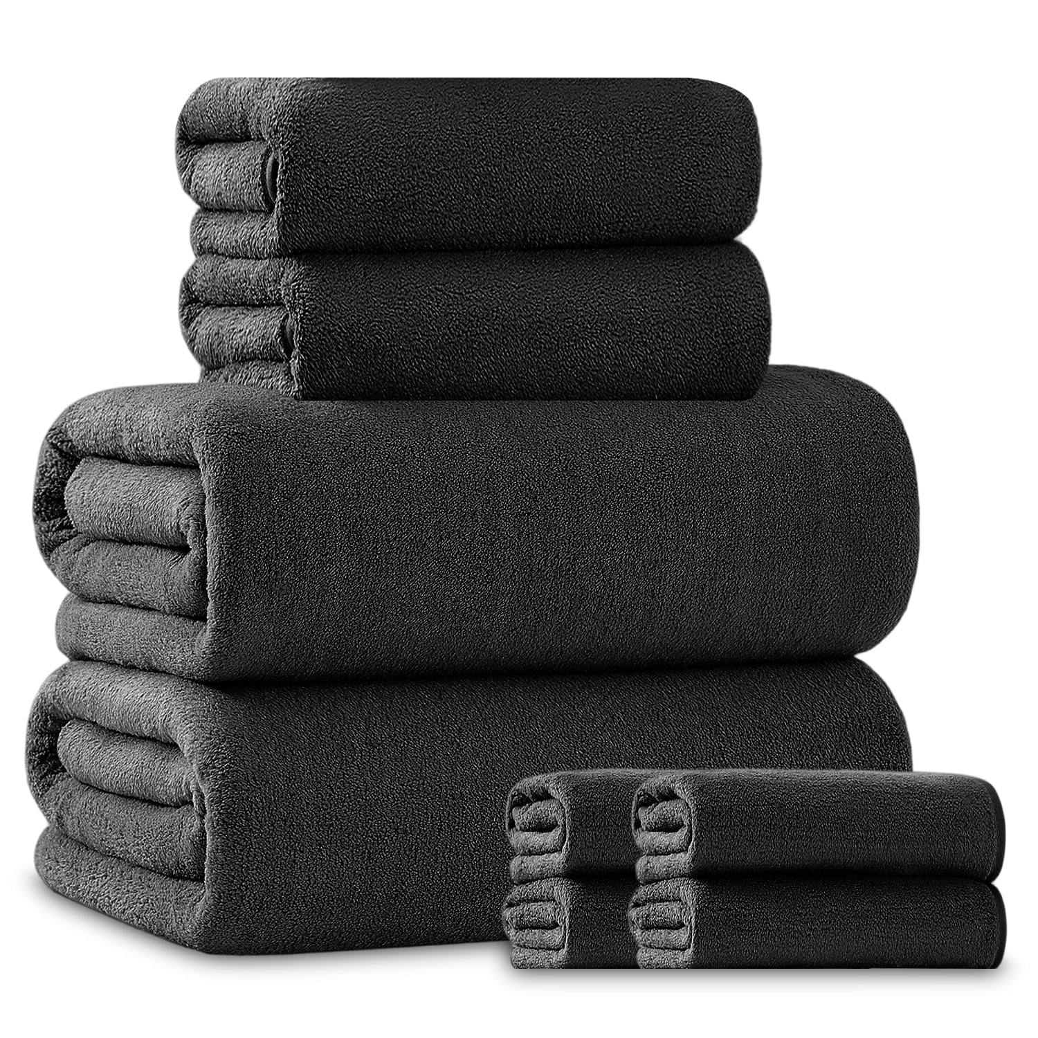 Beartech 8 Piece Bath Towels Set-2 Bath sheet,2 Hand Towel,4 Washcloths,Soft Lightweight Family Towel Highly Absorbent Microfiber Towel Quickly Dry & Less Lint Shower towel for Bathroom-Black