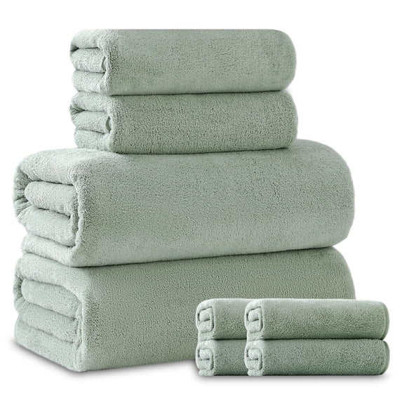 Beartech 8 Piece Bath Towels Set-2 Bath sheet,2 Hand Towel,4 Washcloths,Soft Lightweight Family Towel Highly Absorbent Microfiber Towel Quickly Dry & Less Lint Shower towel for Bathroom-Light Green