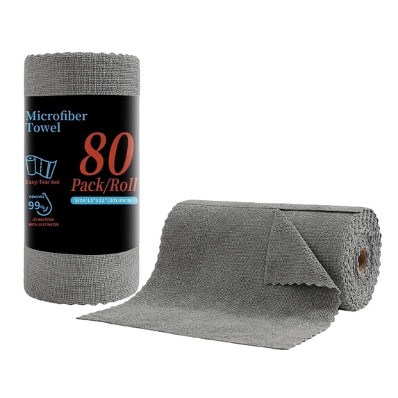 Beartech 80 Pack Microfiber Kitchen Towels Cleaning Cloth Roll,Lint Free Rags & Tear Away Reusable Towels,Washable Shop Rags,Ultra Absorbent Dish Rags for Car Kitchen Window Garage-Dark Gray