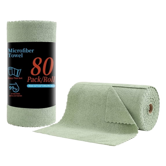 Beartech 80 Pack Microfiber Kitchen Towels Cleaning Cloth Roll,Lint Free Rags & Tear Away Reusable Towels,Washable Shop Rags,Ultra Absorbent Dish Rags for Car Kitchen Window Garage-Green Blue