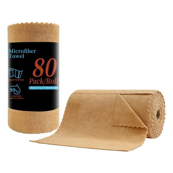 Beartech 80 Pack Microfiber Cleaning Cloth Roll,Lint Free Rags & Tear Away Reusable Towels,Washable Shop Rags,Ultra Absorbent Dish Rags(12" x 12") for Car Kitchen Window Garage-Dark Brown