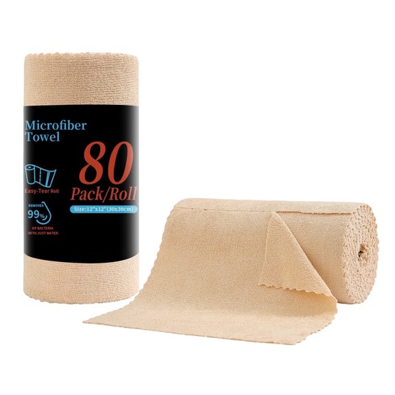 Beartech 80 Pack Microfiber Kitchen Towels Cleaning Cloth Roll,Lint Free Rags & Tear Away Reusable Towels,Washable Shop Rags,Ultra Absorbent Dish Rags for Car Kitchen Window Garage-Apricot Yellow