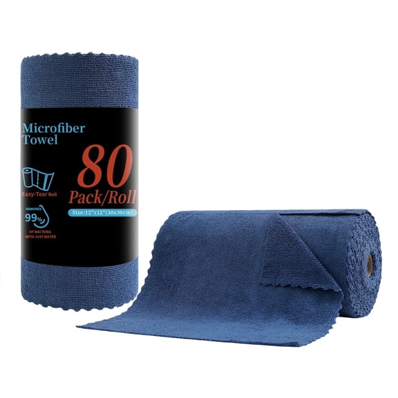 Beartech 80 Pack Microfiber Kitchen Towels Cleaning Cloth Roll,Lint Free Rags & Tear Away Reusable Towels,Washable Shop Rags,Ultra Absorbent Dish Rags for Car Kitchen Window Garage-Navy Blue