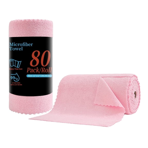 Beartech 80 Pack Microfiber Kitchen Towels Cleaning Cloth Roll,Lint Free Rags & Tear Away Reusable Towels,Washable Shop Rags,Ultra Absorbent Dish Rags for Car Kitchen Window Garage-Pink