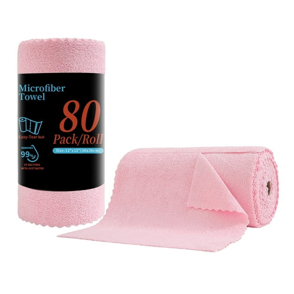 Beartech 80 Pack Microfiber Cleaning Cloth Roll,Lint Free Rags & Tear Away Reusable Towels,Washable Shop Rags,Ultra Absorbent Dish Rags(12" x 12") for Car Kitchen Window Garage-Pink