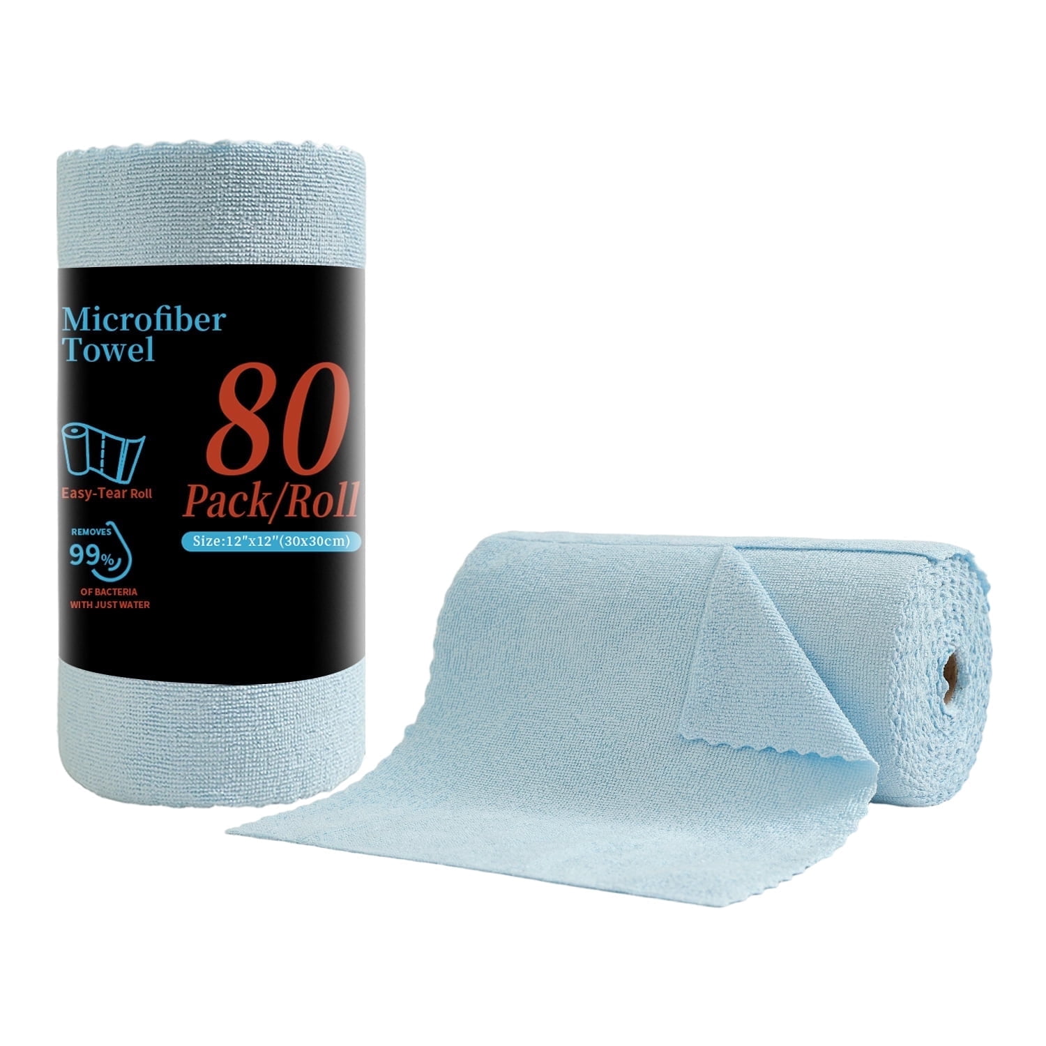 Beartech 80 Pack Microfiber Kitchen Towels Cleaning Cloth Roll,Lint Free Rags & Tear Away Reusable Towels,Washable Shop Rags,Ultra Absorbent Dish Rags for Car Kitchen Window Garage-Blue