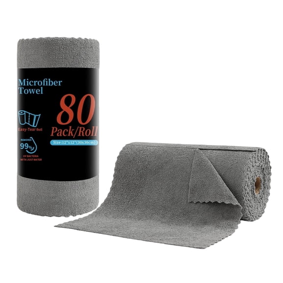 Beartech 80 Pack Microfiber Kitchen Towels Cleaning Cloth Roll,Lint Free Rags & Tear Away Reusable Towels,Washable Shop Rags,Ultra Absorbent Dish Rags for Car Kitchen Window Garage-Dark Gray