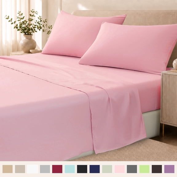 Beartech 4-Piece Microfiber Queen/Full Size Bed Sheets Set, Soft Breathable, 14-Inch Deep Pocket Fitted Sheet, Flat Sheet & 2 Pillowcases, Pink