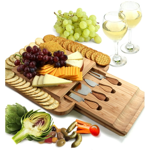 Beartrio Bamboo Charcuterie Cheese Board and Knife Set, Serving Platter Tray with Cutlery Set, Housewarming Gifts, Entertaining Serving Dishes, Cheese Serving Plate, Large Cheese Charcuterie Board