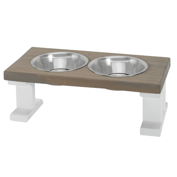 Bearwood Essentials Elevated Dog Feeder Bowls with 2 Stainless Steel Bowls - White/Gray 8 Inch