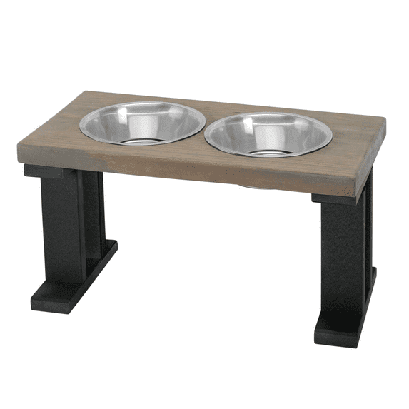 Bearwood Essentials Farmhouse 2 Bowl Elevated Regular Wood Dog Feeder Black/Gray 12 Inch