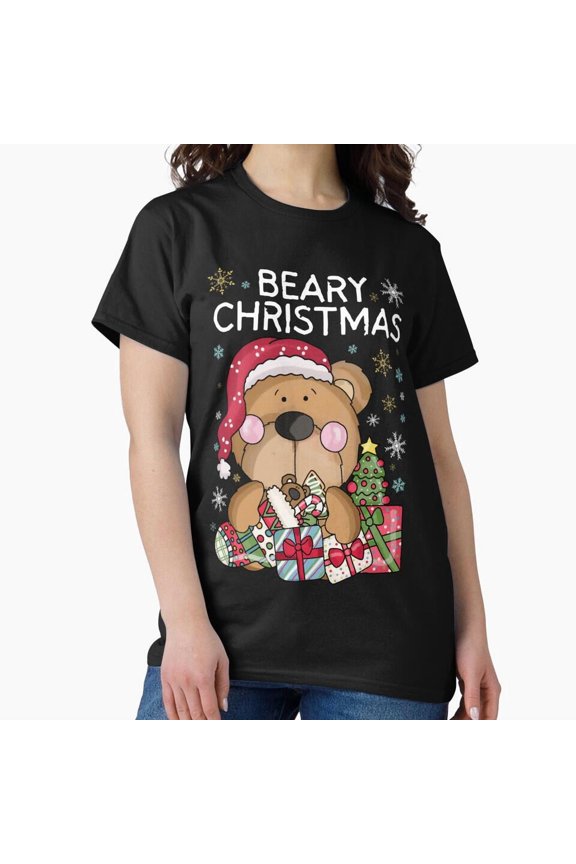Beary Christmas Funny Holiday Animal Pun Text Graphic Art Unisex T-Shirt, up to Size 5XL