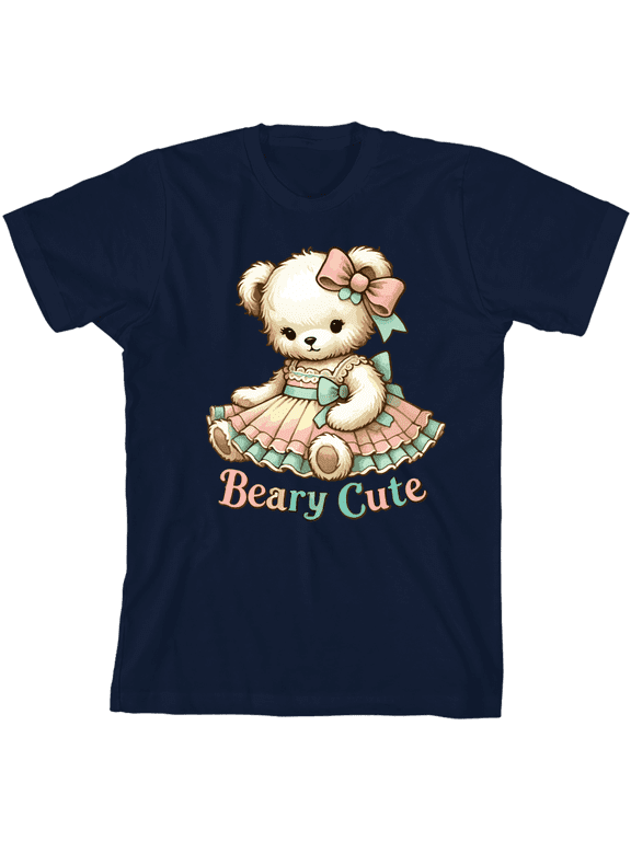 Beary Cute Teddy Bear Boy's Navy Crew Neck Short Sleeve Tee-Medium