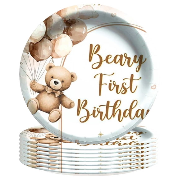 Beary First Bear 1st One Plates Birthday Decorations Party Supplies Tableware Disposable Dinnerware 8pcs