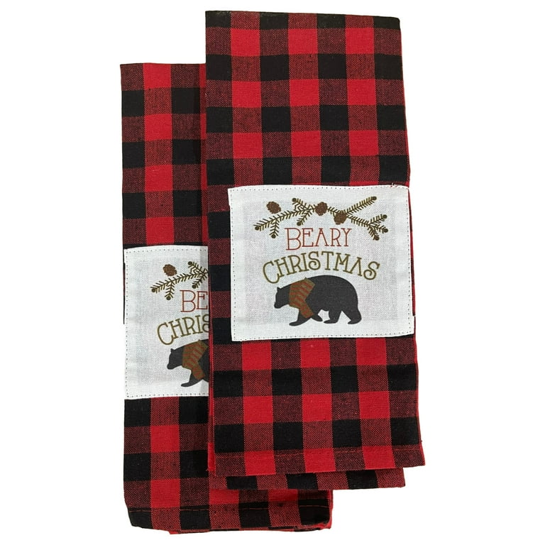 Beary Red Plaid Christmas Kitchen Towel Set, 2 Cotton Dish Towels 